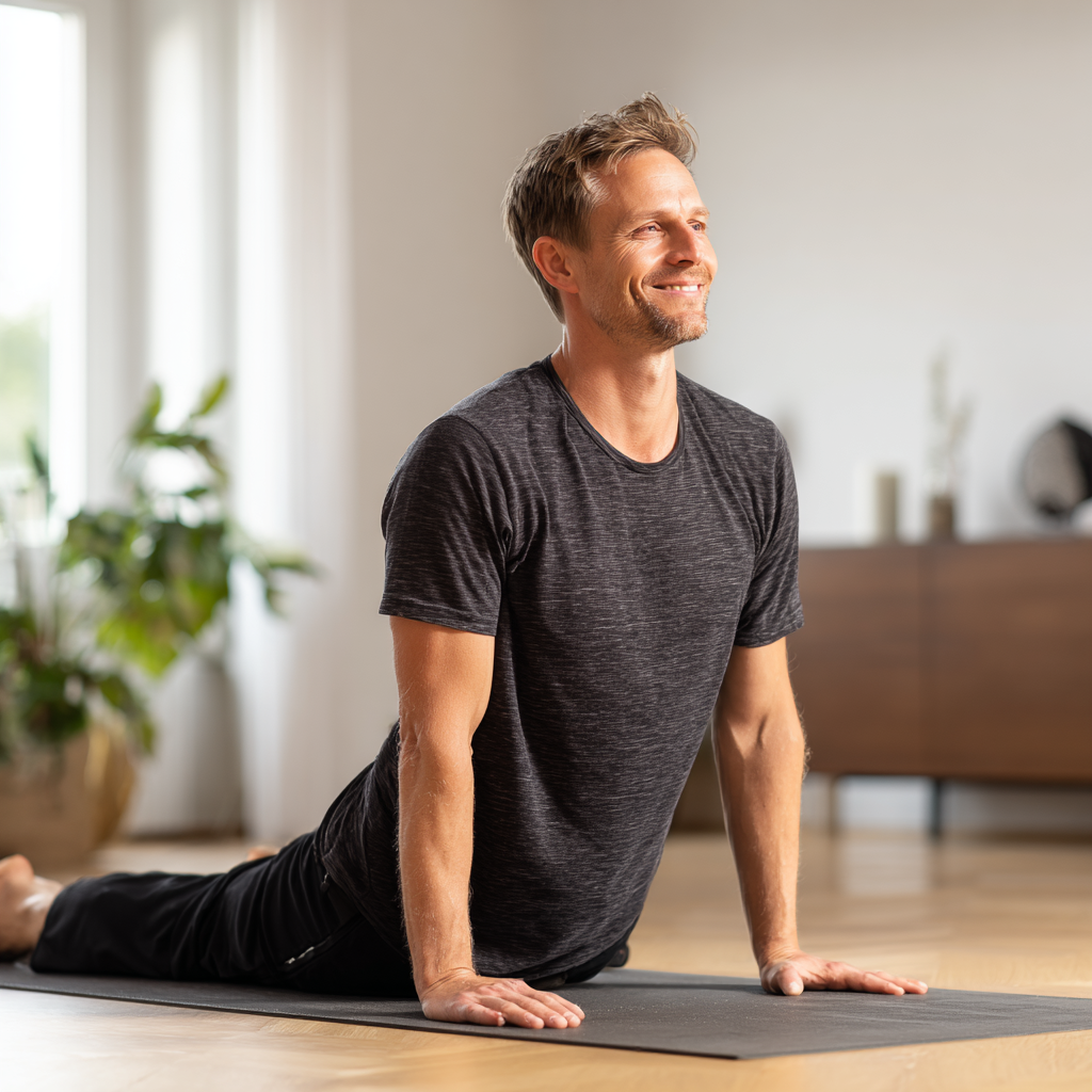 Professional Slovak woman in her 30s doing gentle desk yoga stretches in modern office environment, demonstrating workplace wellness practices